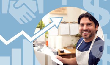 Smiling café owner reviewing costs and planning strategies for maximising margins, with a backdrop of growth and profitability icons symbolising business success.