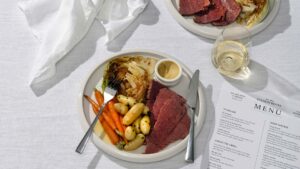 appetiser. magazine 7 A plate of corned silverside, boiled kipfler potaotes, baby