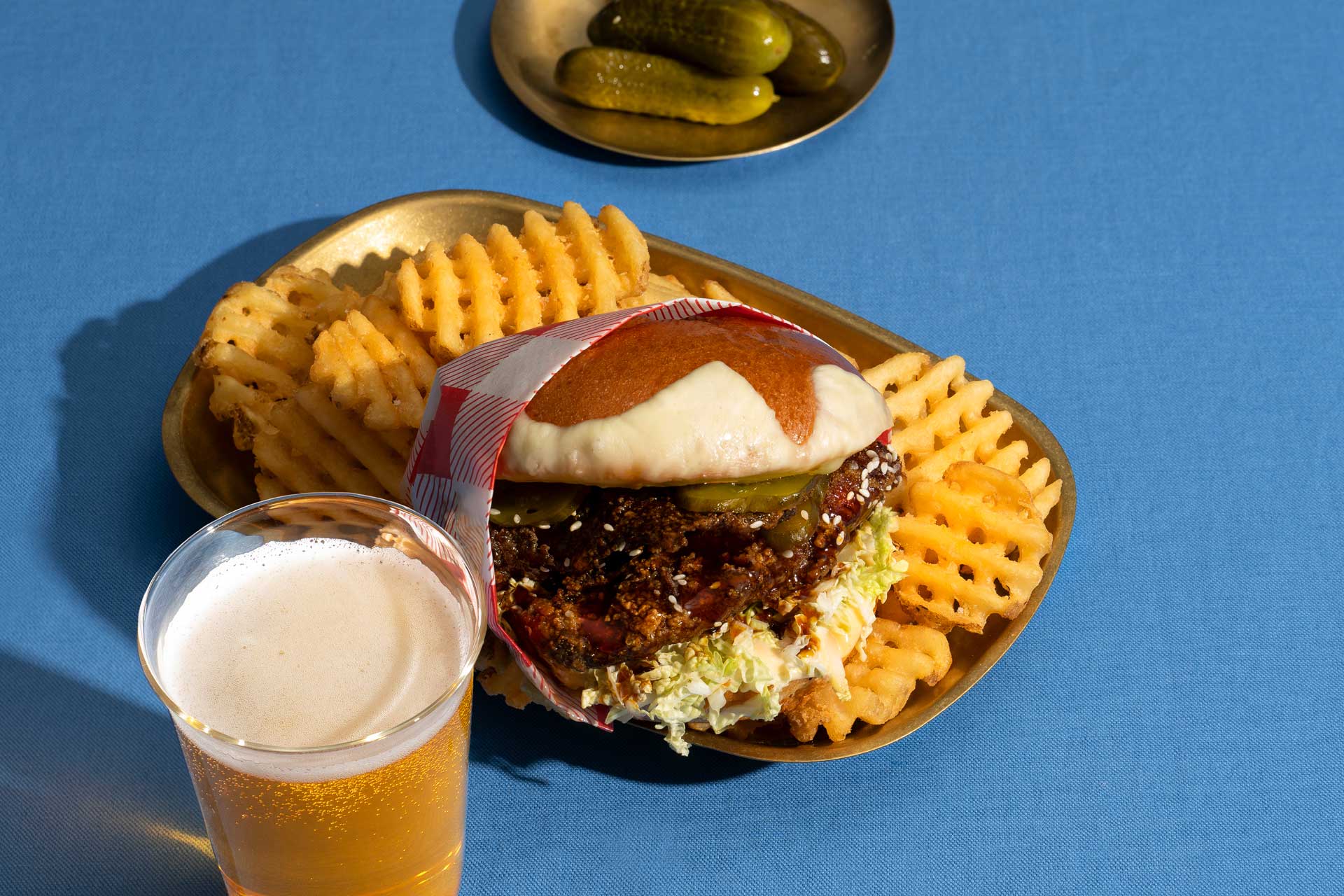A picture of a Korean fired chicken hamburger