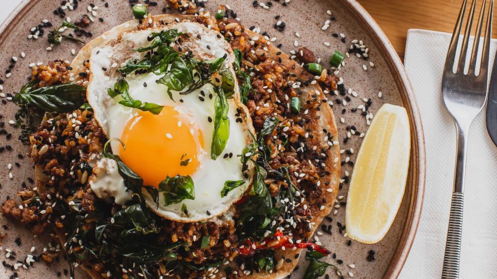Rethinking breakfast: beyond bacon and eggs 1 Fried egg and wagyu beef breakfast katsu