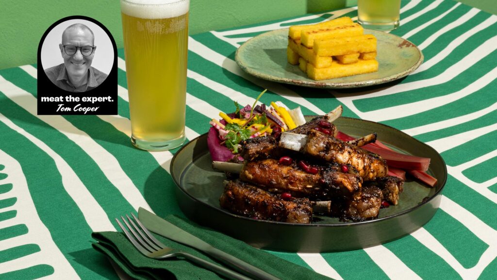 Lamb springs to the rescue 3 Picture of glazed lamb ribs with spring slaw. pickled rhubarb and polenta chips.